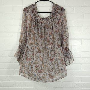 Soft Surroundings Aitana Grey Baroque Peasant Print Sheer Chiffon Peasant Blouse